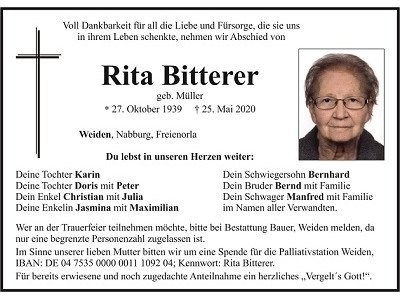 Traueranzeige Rita Bitterer Weiden 400x300