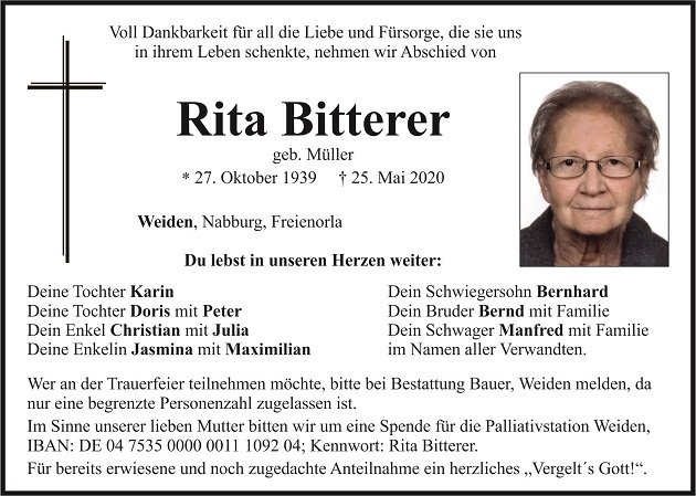 Traueranzeige Rita Bitterer Weiden