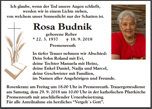 Traueranzeige Rosa Budnik Premenreuth