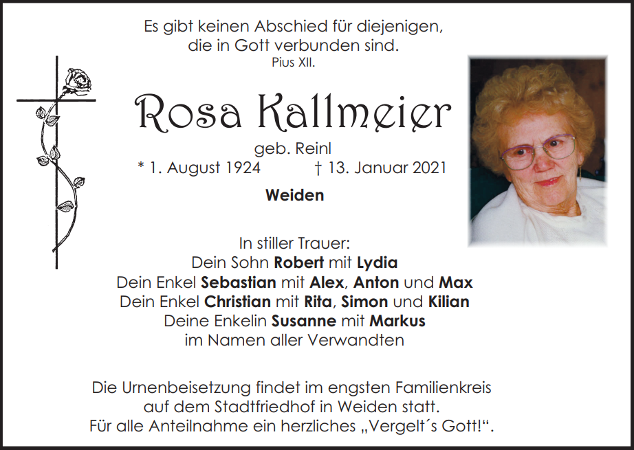 Traueranzeige Rosa Kallmeier, Weiden