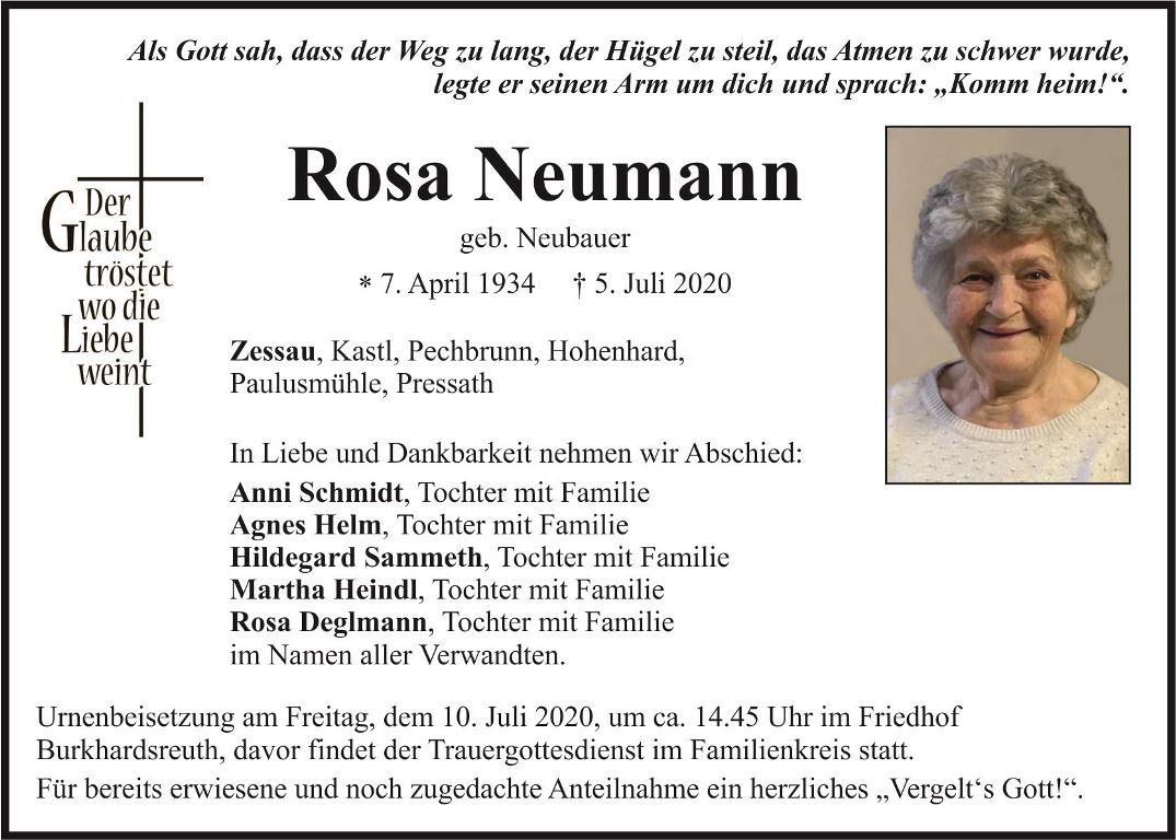 Traueranzeige Rosa Neumann, Zessau
