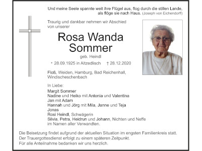 Traueranzeige Rosa Sommer, Floß Beitragsbild