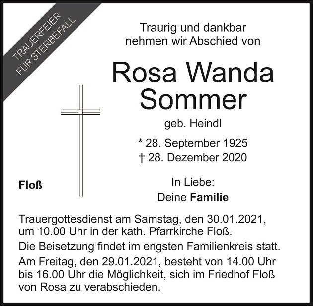 Traueranzeige Rosa Wanda Sommer Floß