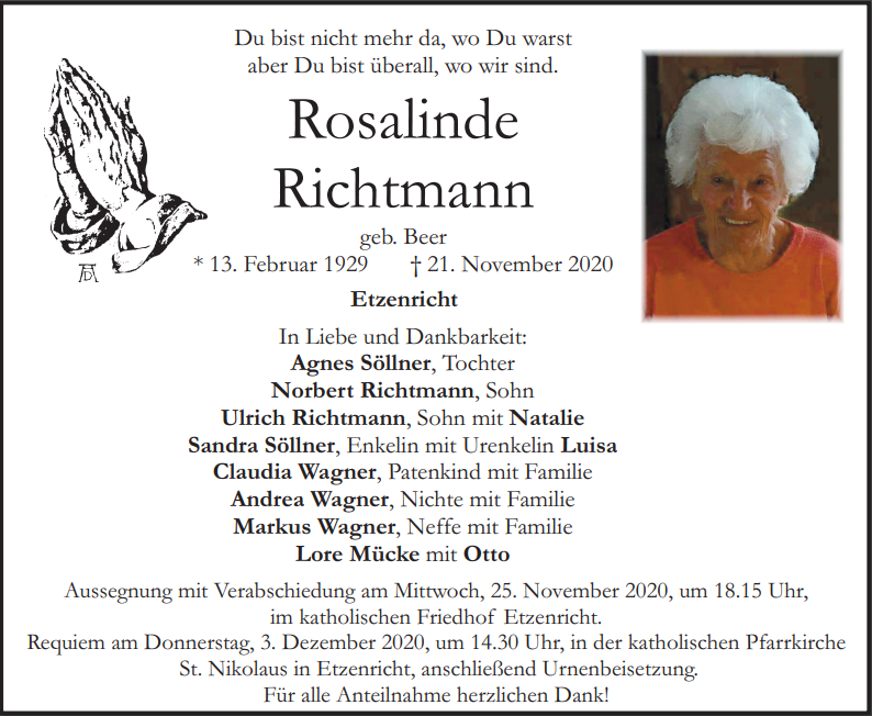 Traueranzeige Rosalinde Richtmann, Etzenricht