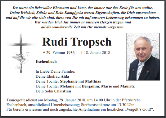 Traueranzeige Rudi Tropsch Eschenbach