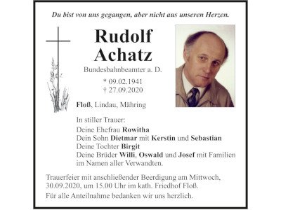 Traueranzeige Rudolf Achatz, Floß 400x300