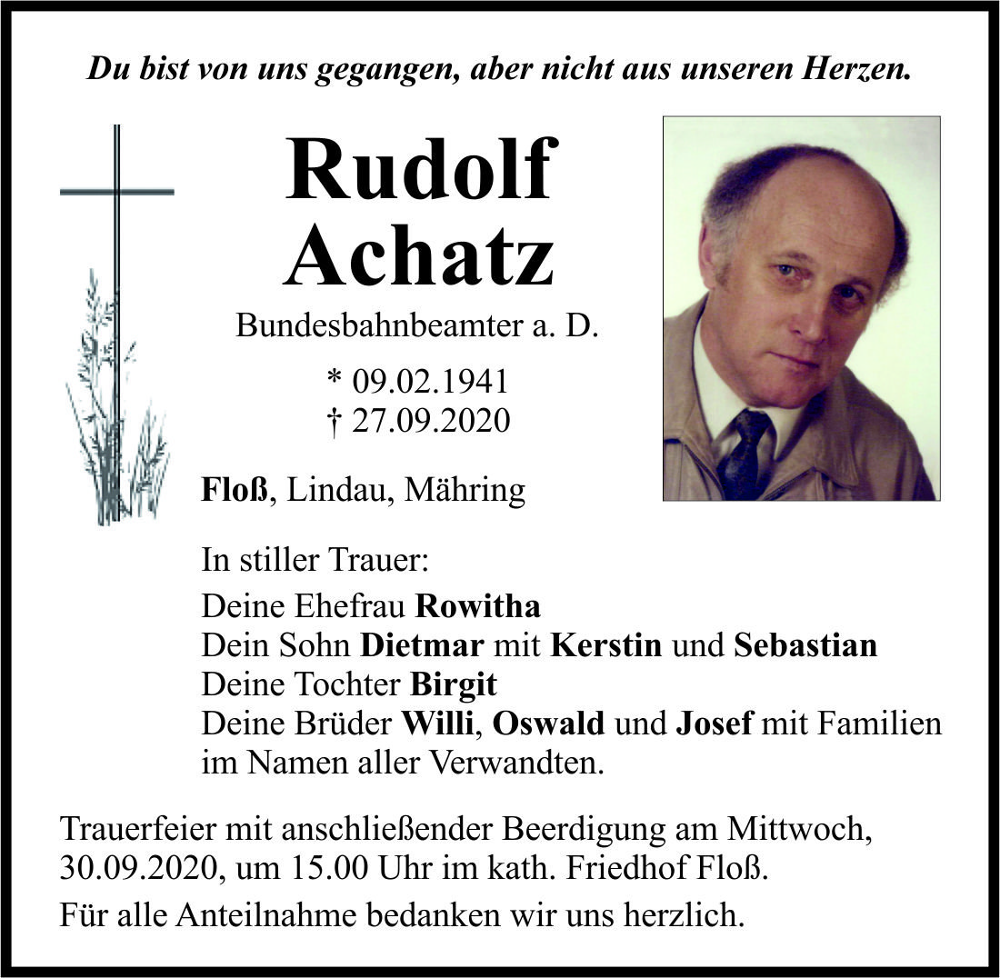 Traueranzeige Rudolf Achatz, Floß