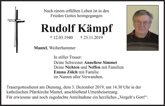 Traueranzeige Rudolf Kämpf Mantel