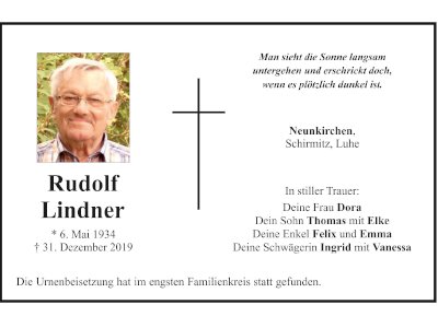 Traueranzeige Rudolf Lindner, Neunkirchen Schirmitz Luhe 400 300
