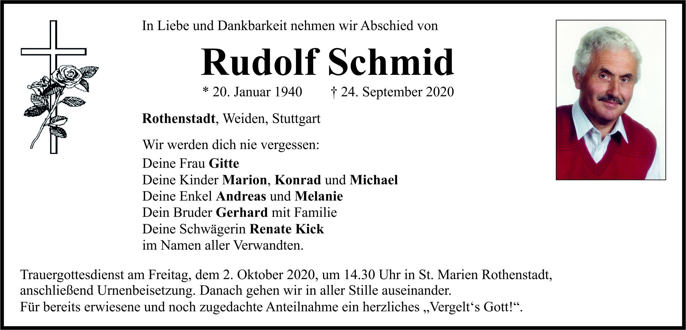 Traueranzeige Rudolf Schmid, Rothenstadt