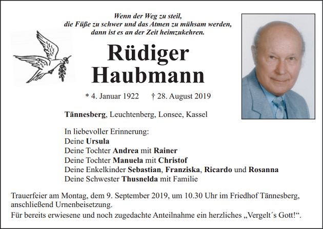 Traueranzeige Rüdiger Haubmann Tännesberg