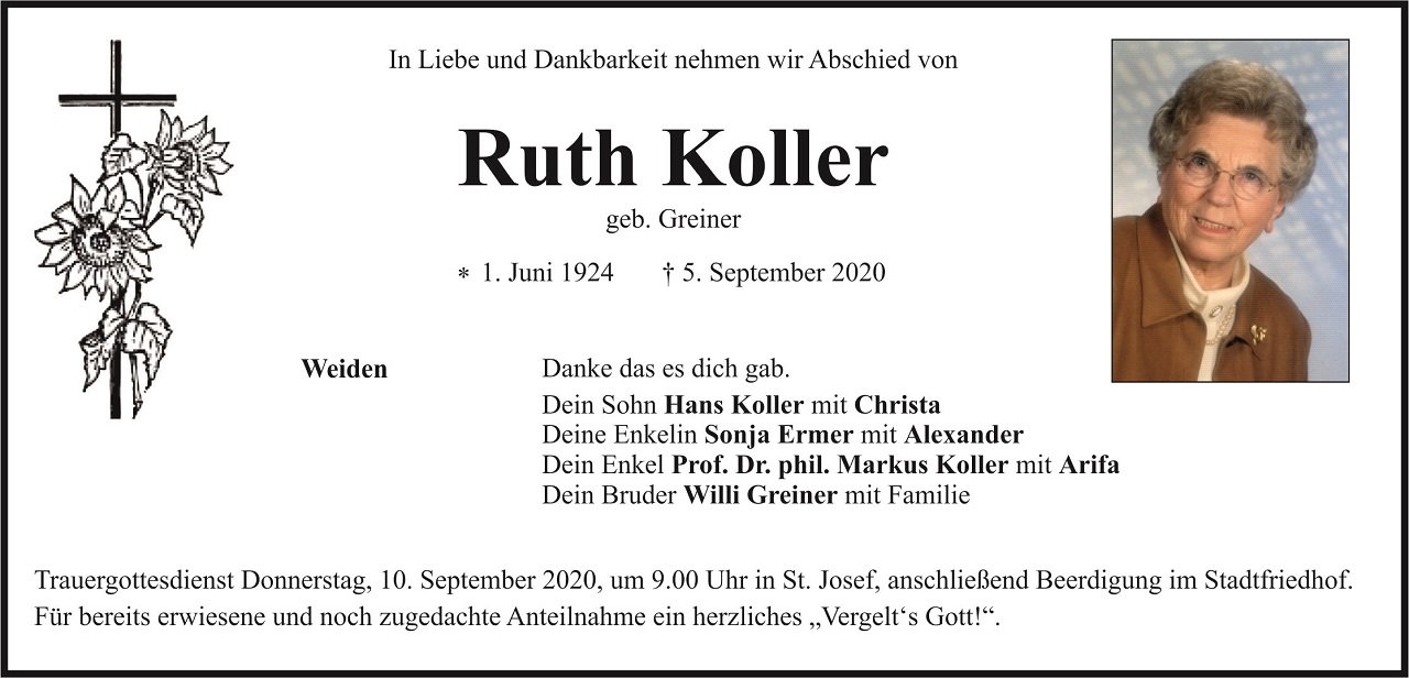 Traueranzeige Ruth Koller Weiden