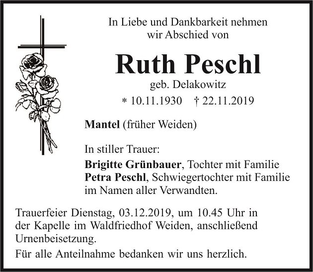 Traueranzeige Ruth Peschl Mantel