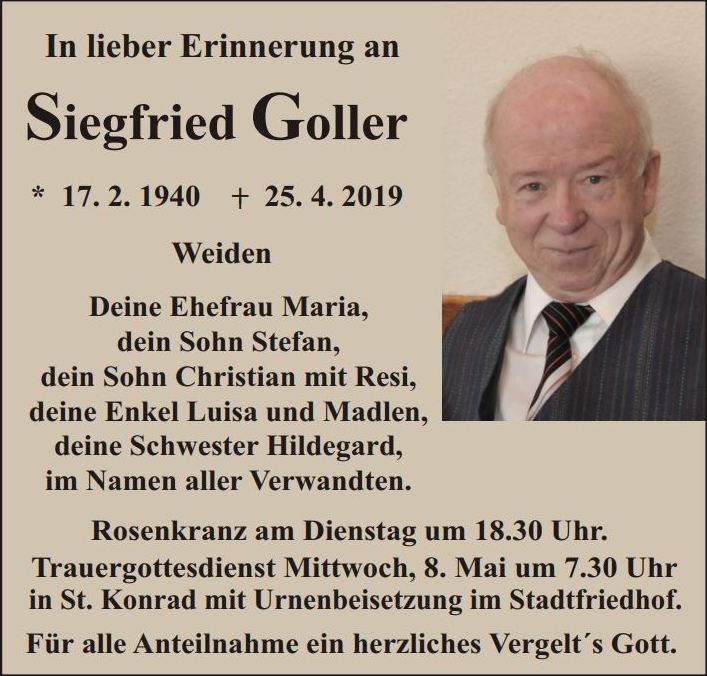 Traueranzeige Siegfried Goller Weiden