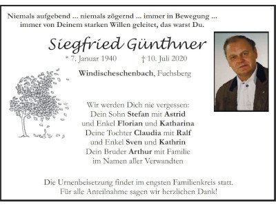Traueranzeige Siegfried Günther, Windischeschenbach 400 300