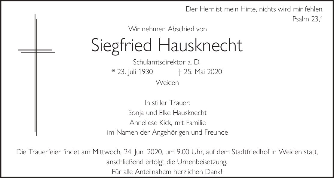 Traueranzeige Siegfried Hausknecht