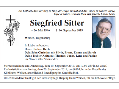 Traueranzeige Siegfried Sitter Weiden 400x300