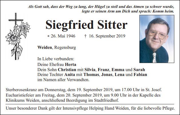 Traueranzeige Siegfried Sitter Weiden