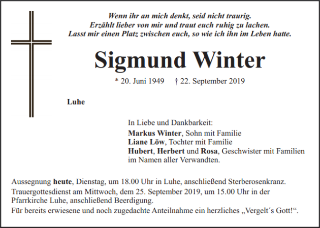 Traueranzeige Sigmund Winter Luhe