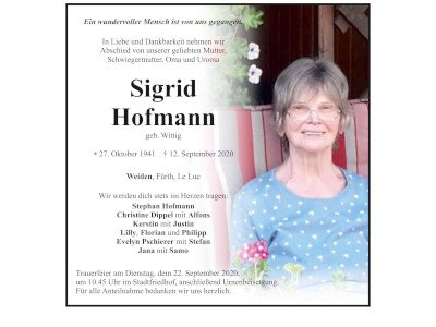 Traueranzeige Sigrid Hofmann, Weiden400x300