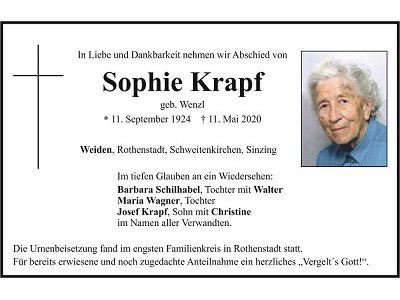 Traueranzeige Sophie Krapf Weiden 400x300