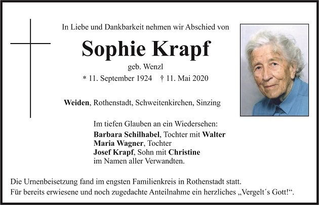 Traueranzeige Sophie Krapf Weiden