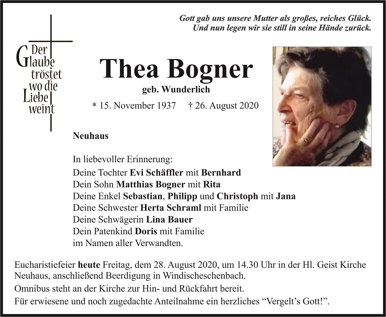 Traueranzeige Thea Bogner Neuhaus