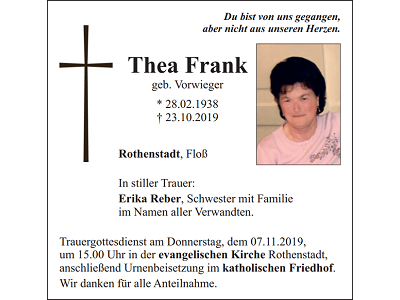 Traueranzeige Thea Frank Rothenstadt 400x300