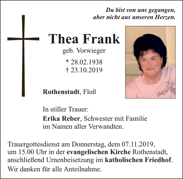 Traueranzeige Thea Frank Rothenstadt