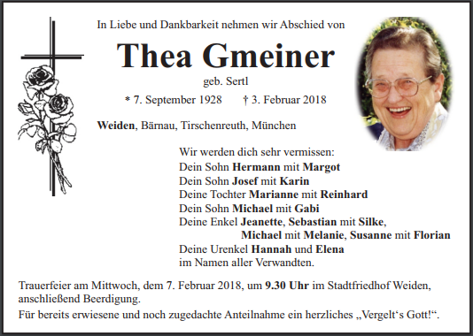 Traueranzeige Thea Gmeiner Weiden