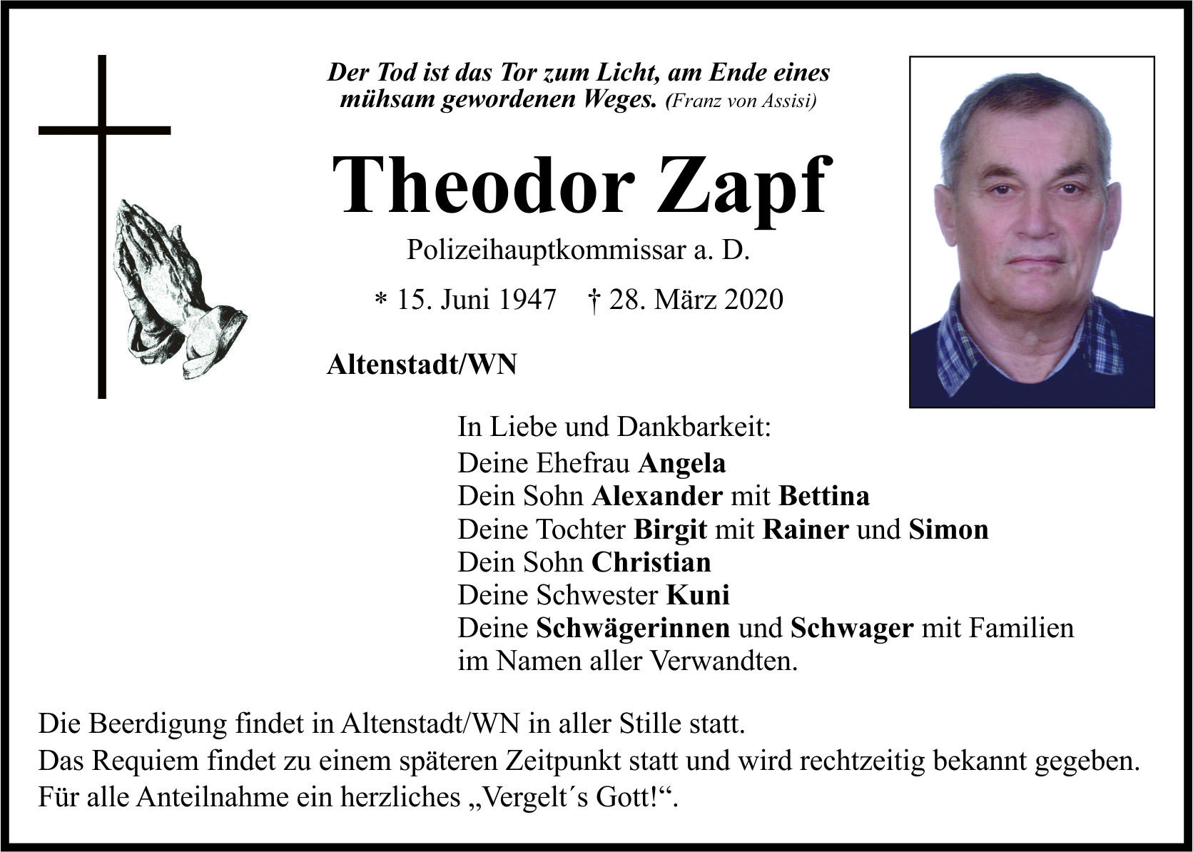 Traueranzeige Theodor Zapf