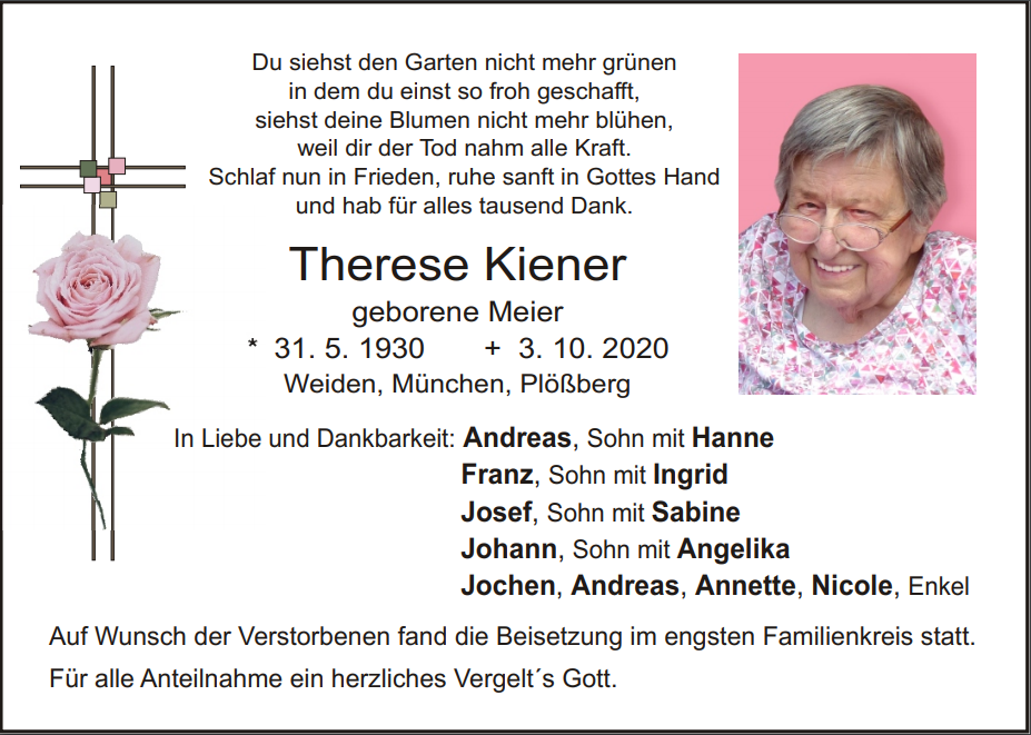 Traueranzeige Therese Kiener, Weiden