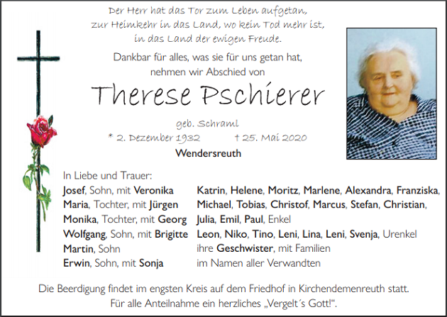 Traueranzeige Therese Pschierer Wendersreuth