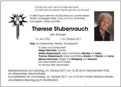 Traueranzeige Therese Stubenrauch, Floß