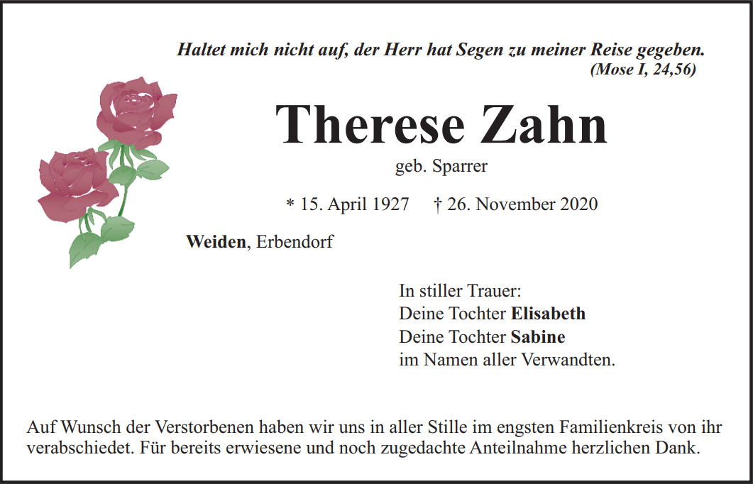 Traueranzeige Therese Zahn, Weiden