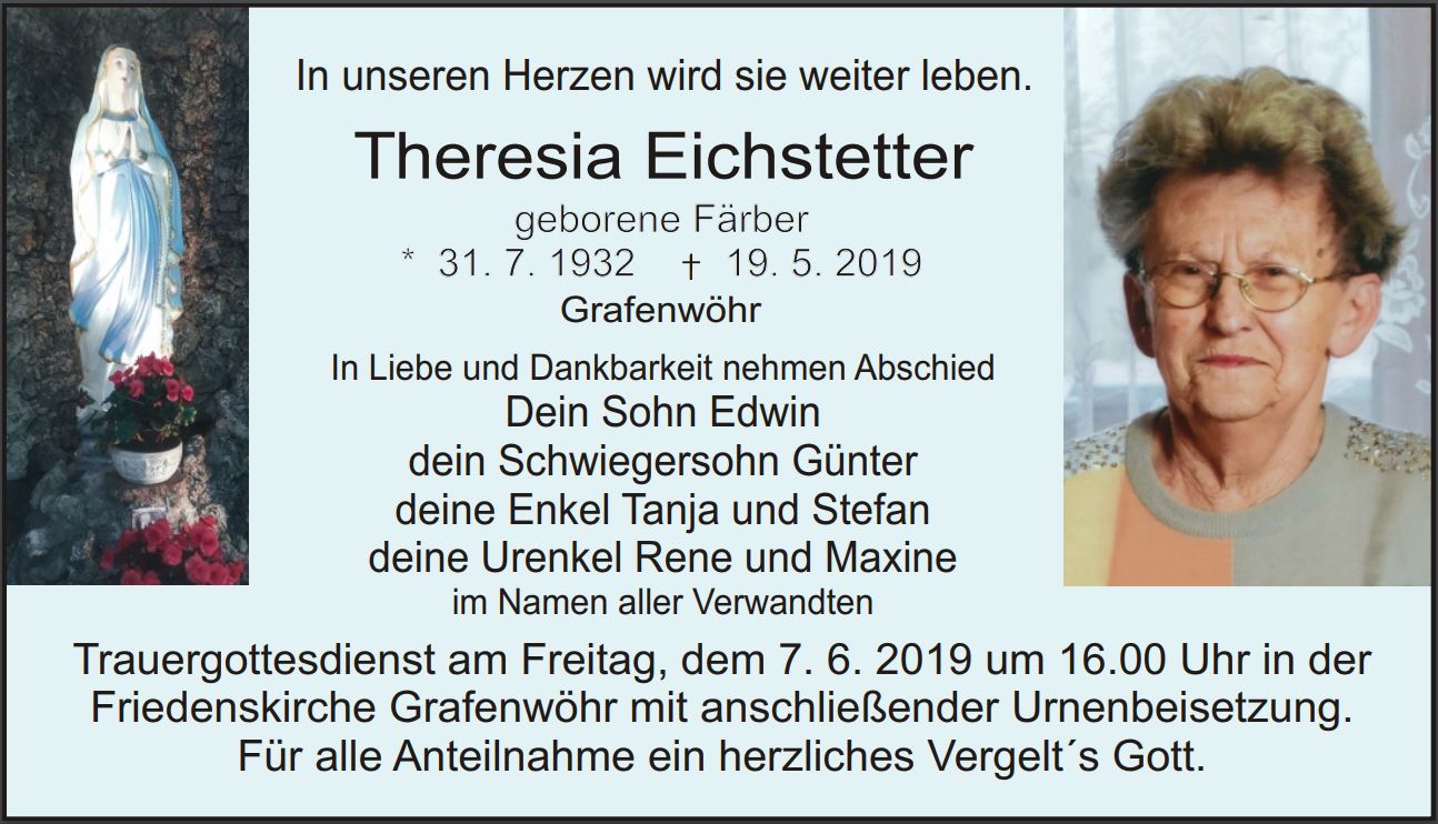Traueranzeige Theresia Eichstetter, Grafenwöhr