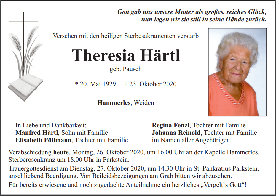 Traueranzeige Theresia Härtl, Hammerles