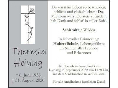 Traueranzeige Theresia Heining, Schirmitz Weiden 400 300