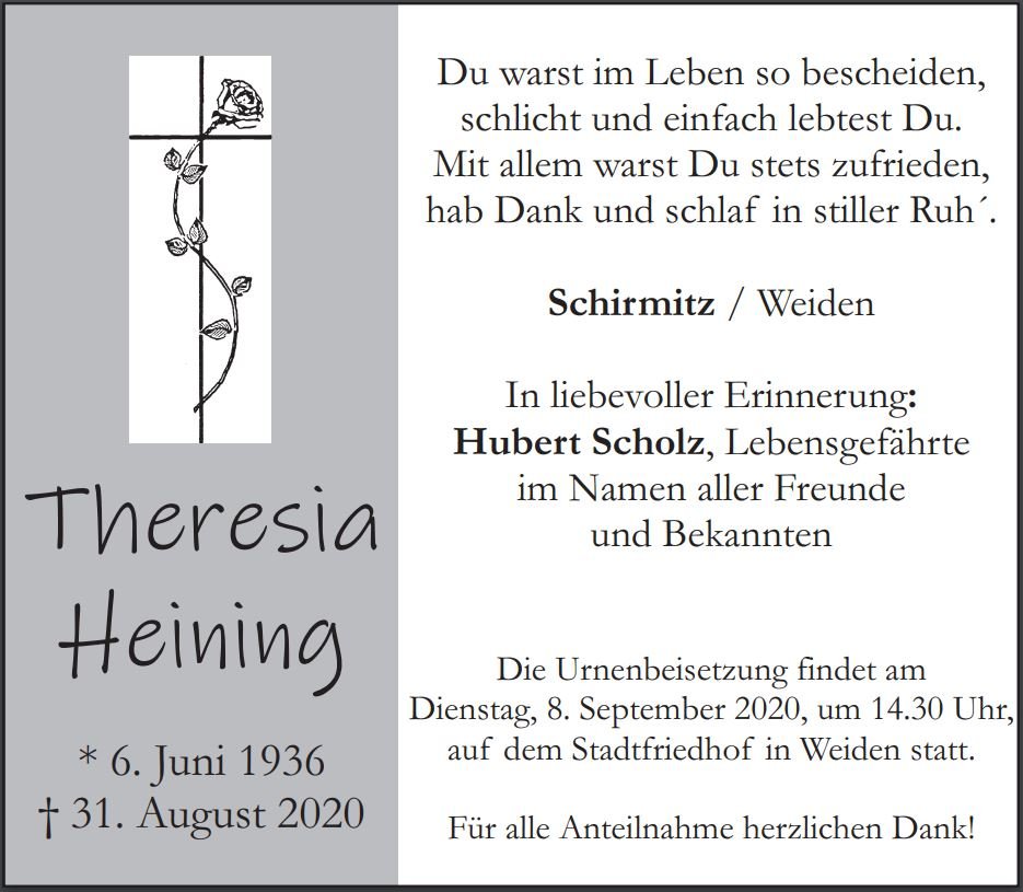 Traueranzeige Theresia Heining, Schirmitz Weiden