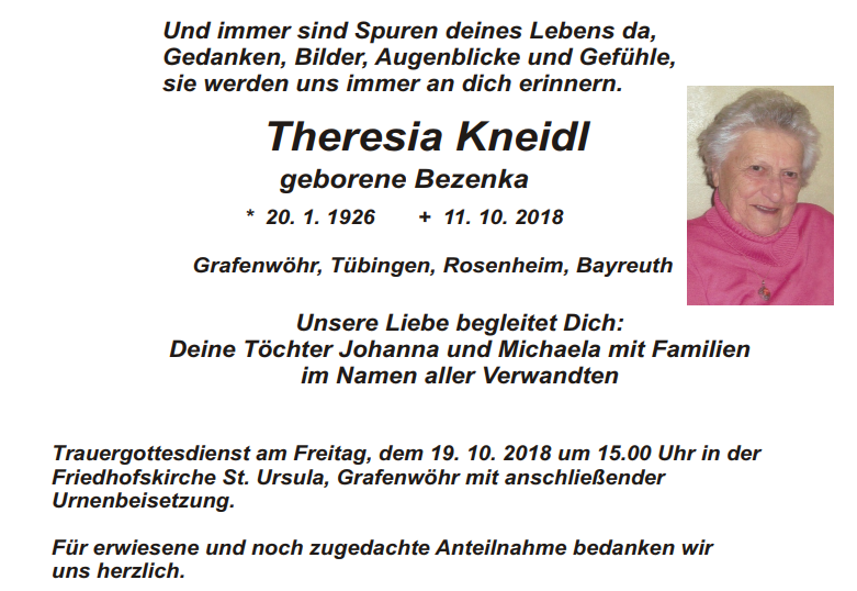 Traueranzeige Theresia Kneidl Grafenwöhr