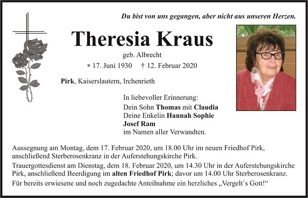 Traueranzeige Theresia Kraus Pirk