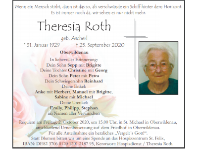 Traueranzeige Theresia Roth, Oberwildenau 400x300