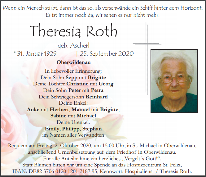 Traueranzeige Theresia Roth, Oberwildenau