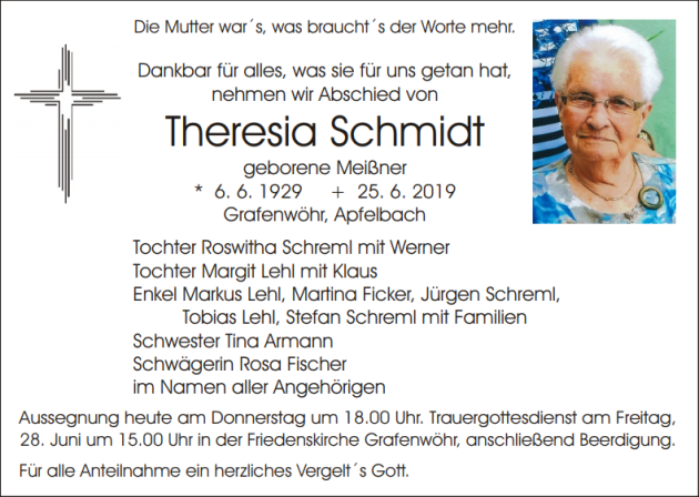 Traueranzeige Theresia Schmidt Grafenwöhr