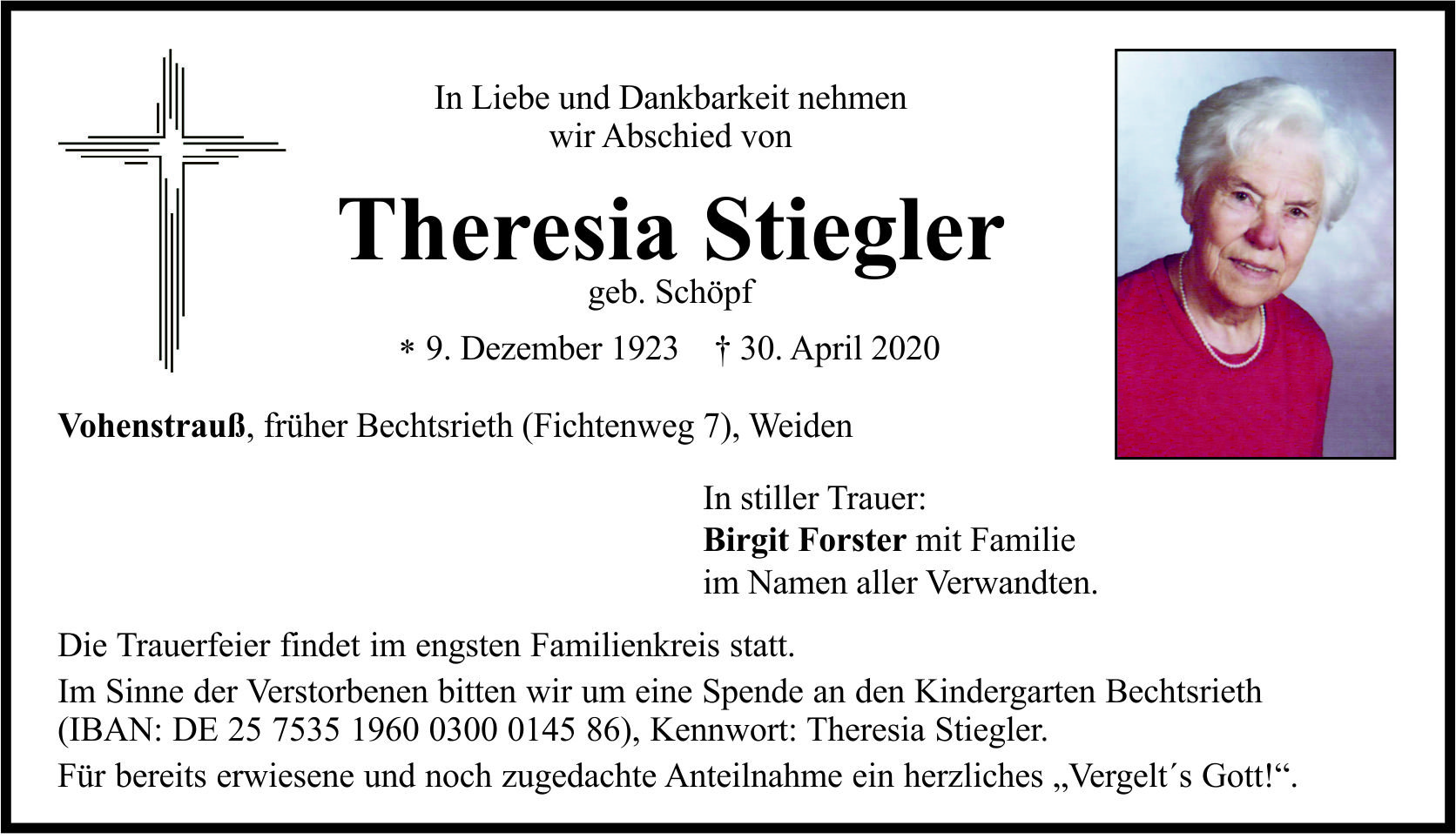 Traueranzeige Theresia Stiegler