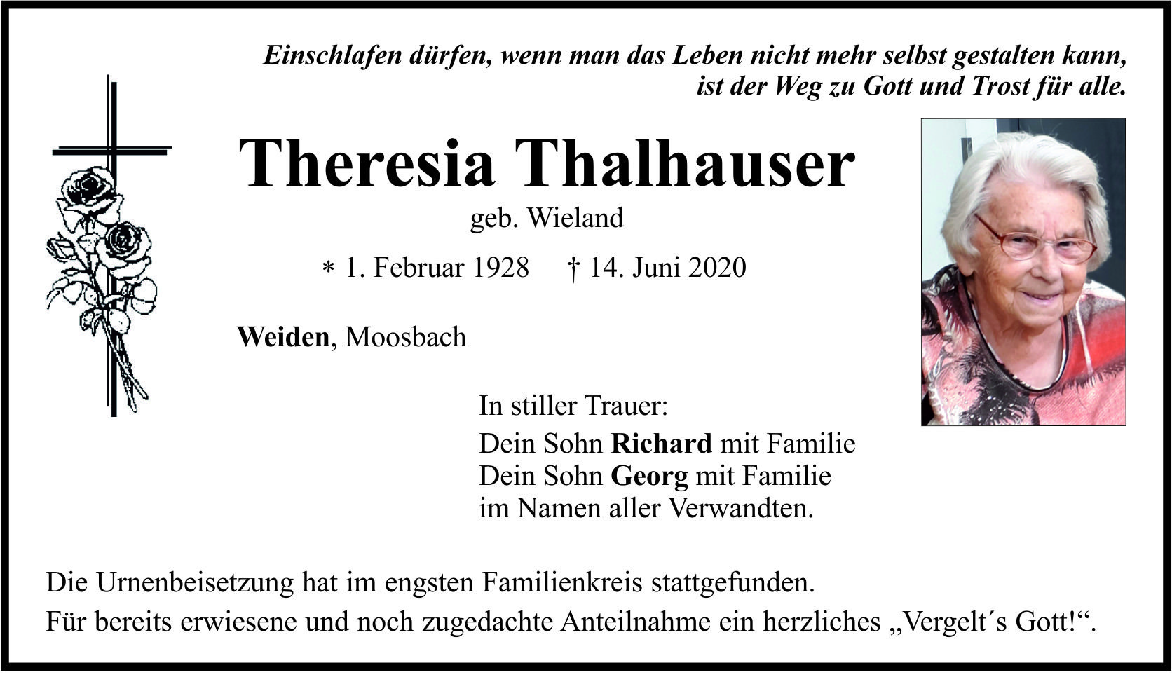 Traueranzeige Theresia Thalhauser, Weiden Moosbach