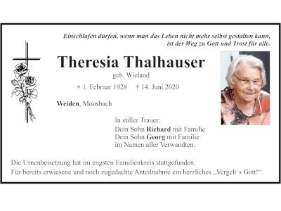 Traueranzeige Theresia Thalhauser, Weiden Moosbach 400 300