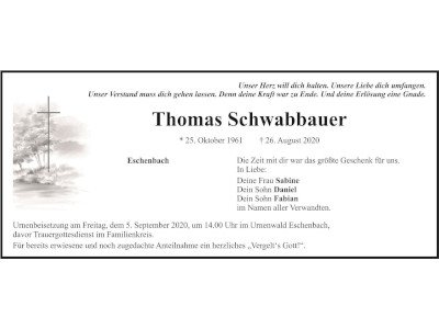 Traueranzeige Thomas Schwabbauer, Eschenbach 400 300