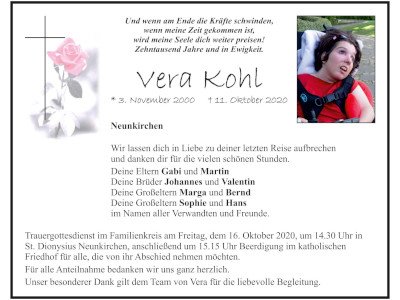 Traueranzeige Vera Kohl, Neunkirchen 400x300