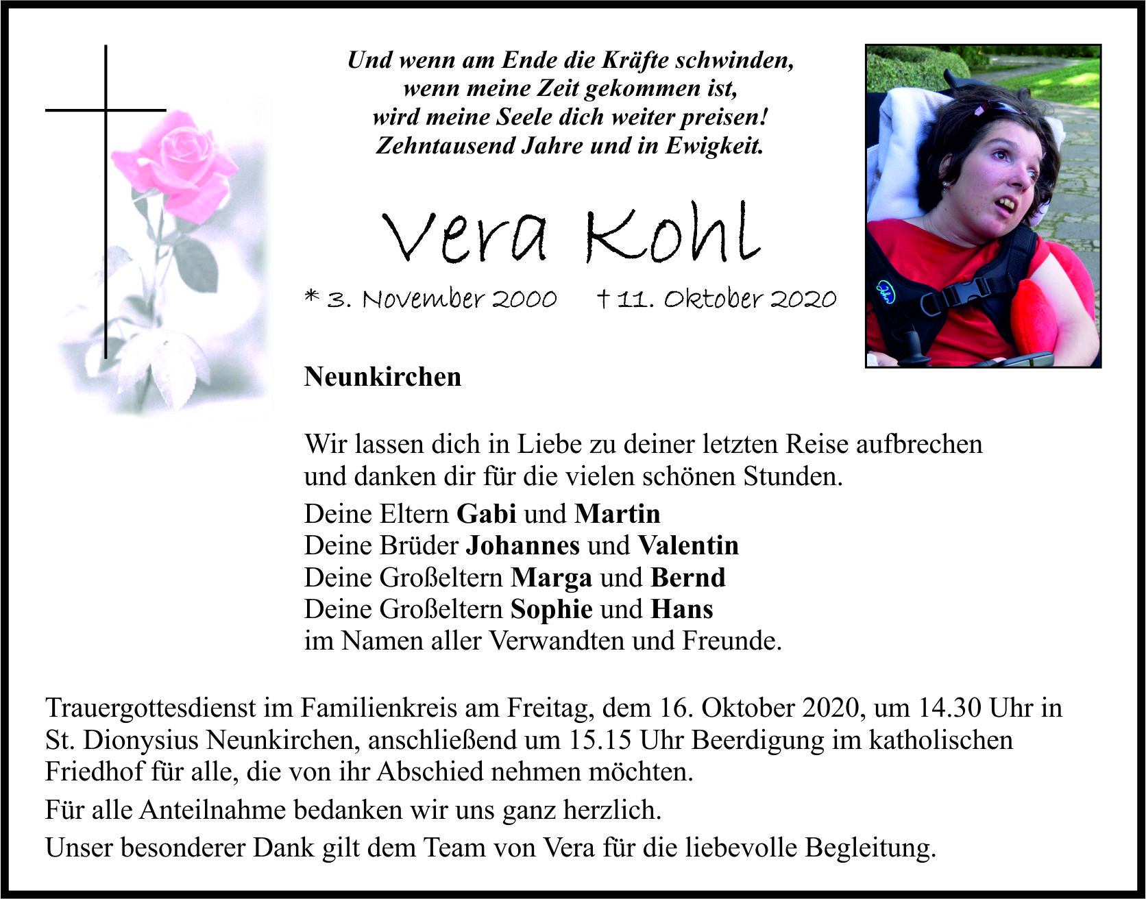Traueranzeige Vera Kohl, Neunkirchen